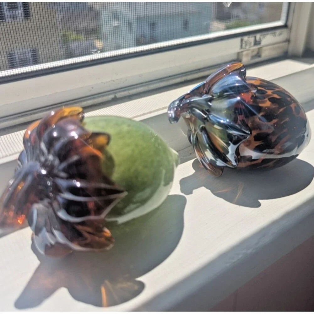 Lot Of 2 Acorns Heavy Blown Glass Fall Decor Orange & Green Paperweight Speckled